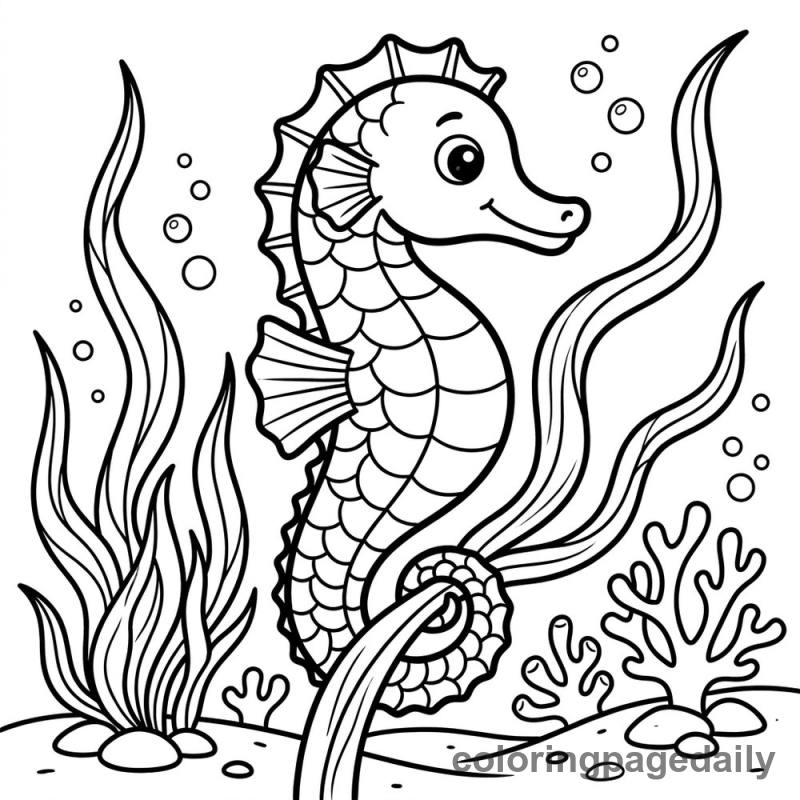 Seahorse Holding Seagrass - Daily printable coloring page in Ocean and Underwater Life category