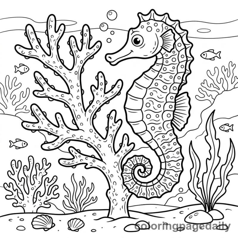 Seahorse Holding Staghorn Coral - Daily printable coloring page in Ocean and Underwater Life category