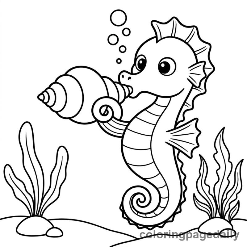 Seahorse Playing Trumpet - Daily printable coloring page in Ocean and Underwater Life category