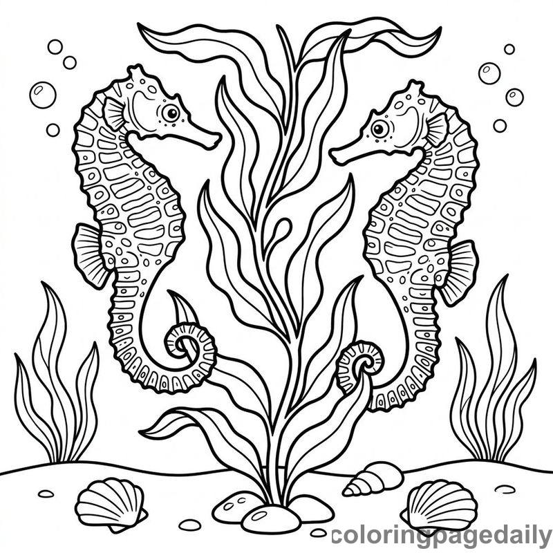Seahorses On Kelp Stalk - Daily printable coloring page in Ocean and Underwater Life category