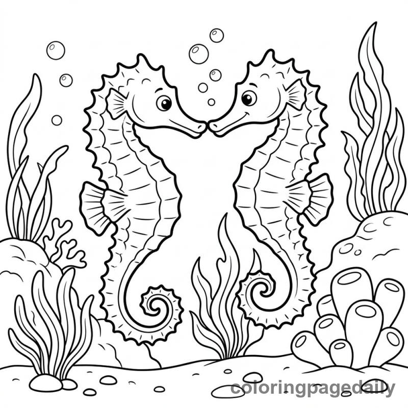 Seahorses Share a Gentle Nuzzle - Daily printable coloring page in Ocean and Underwater Life category
