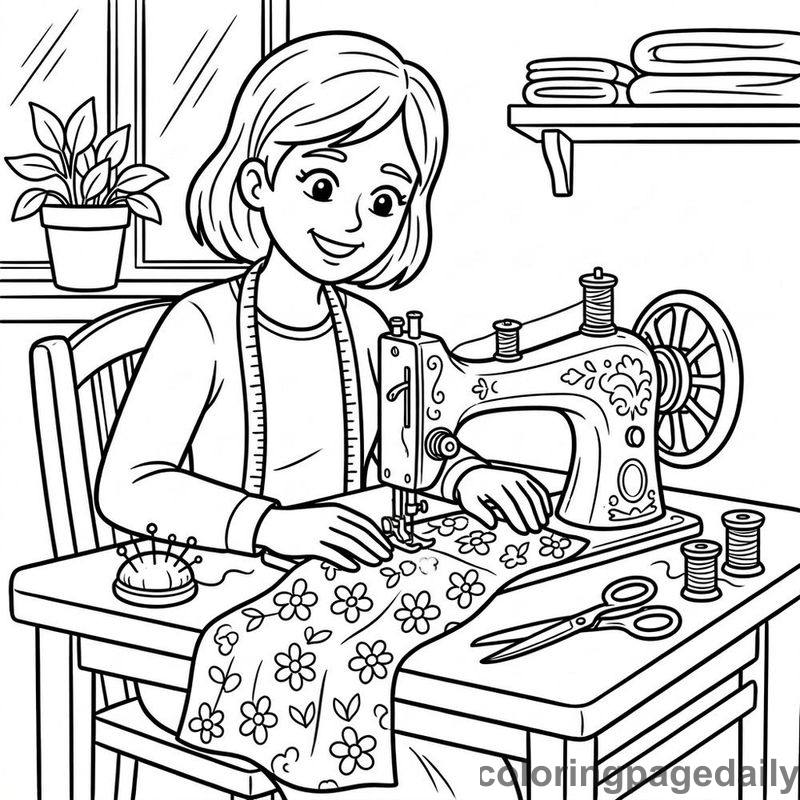 Seamstress Using Sewing Machine - Daily printable coloring page in Professions category