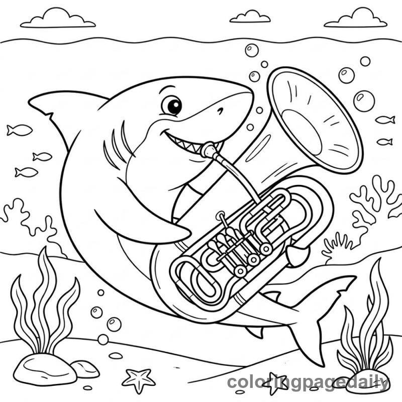 Shark Playing The Tuba - Daily printable coloring page in Ocean and Underwater Life category