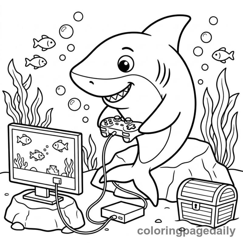 Shark Playing Video Games - Daily printable coloring page in Ocean and Underwater Life category
