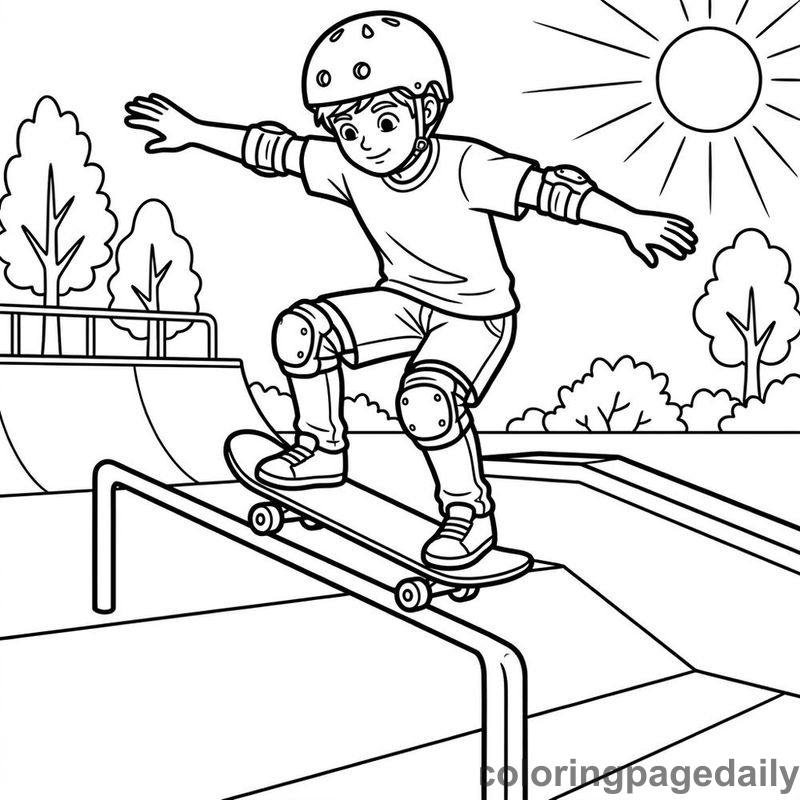 Skateboarder Grinding A Rail - Daily printable coloring page in Sports category