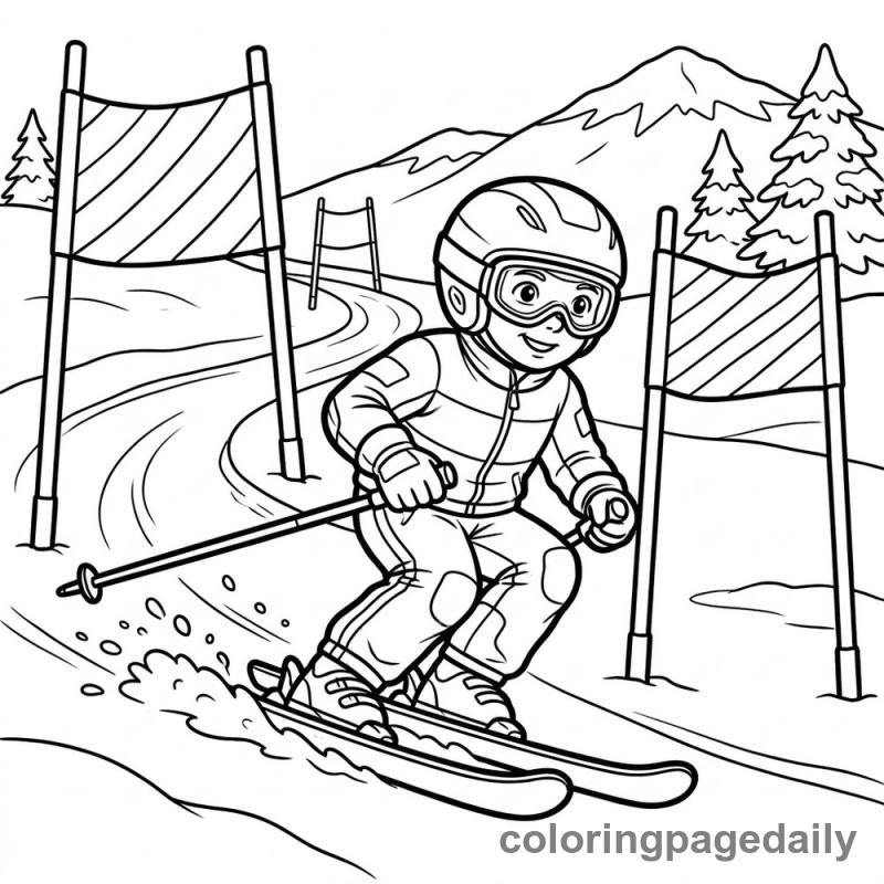 Skier Slalom Racing - Daily printable coloring page in Sports category