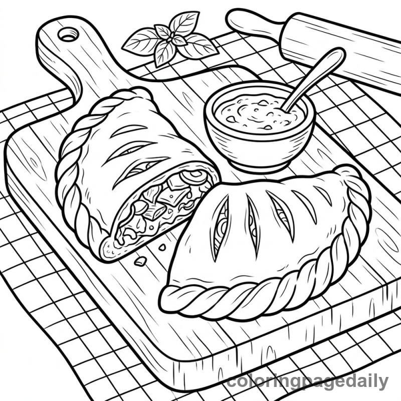 Slicing Traditional Italian Calzone - Daily printable coloring page in Food category
