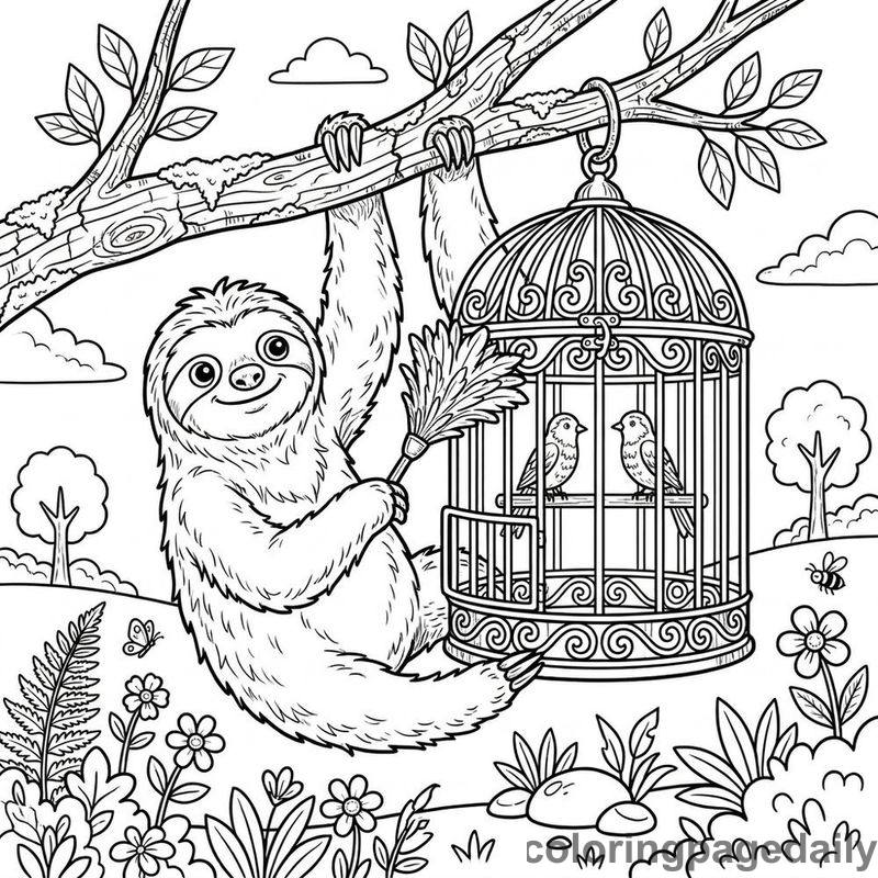 Sloth Cleaning Birdcage - Daily printable coloring page in Animals category
