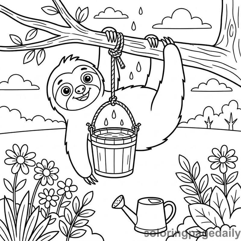 Sloth Collecting Spring Rainwater - Daily printable coloring page in Animals category
