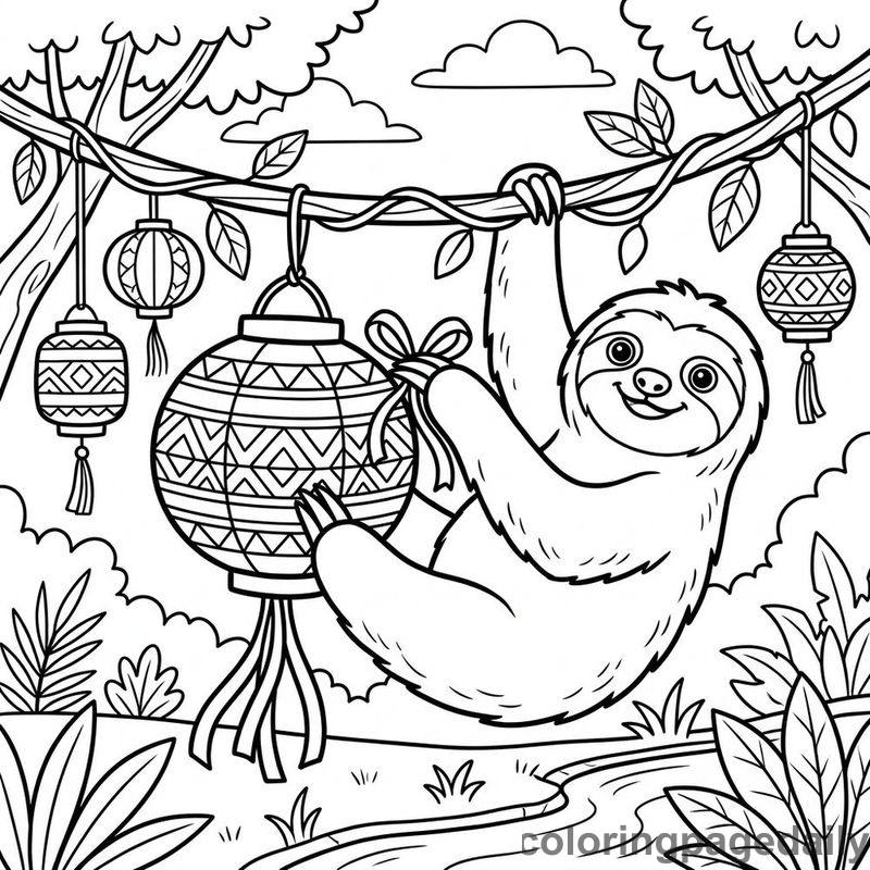 Sloth Decorating Paper Lantern - Daily printable coloring page in Animals category