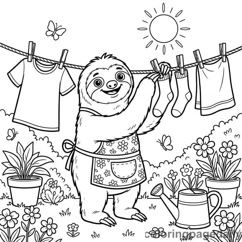 Sloth Hanging Garden Laundry - Daily printable coloring page in Animals category