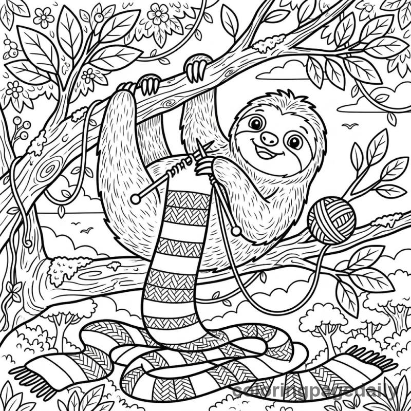 Sloth Knitting a Scarf - Colored reference example