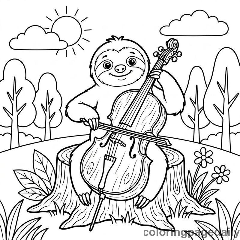 Sloth Playing Cello - Daily printable coloring page in Animals category