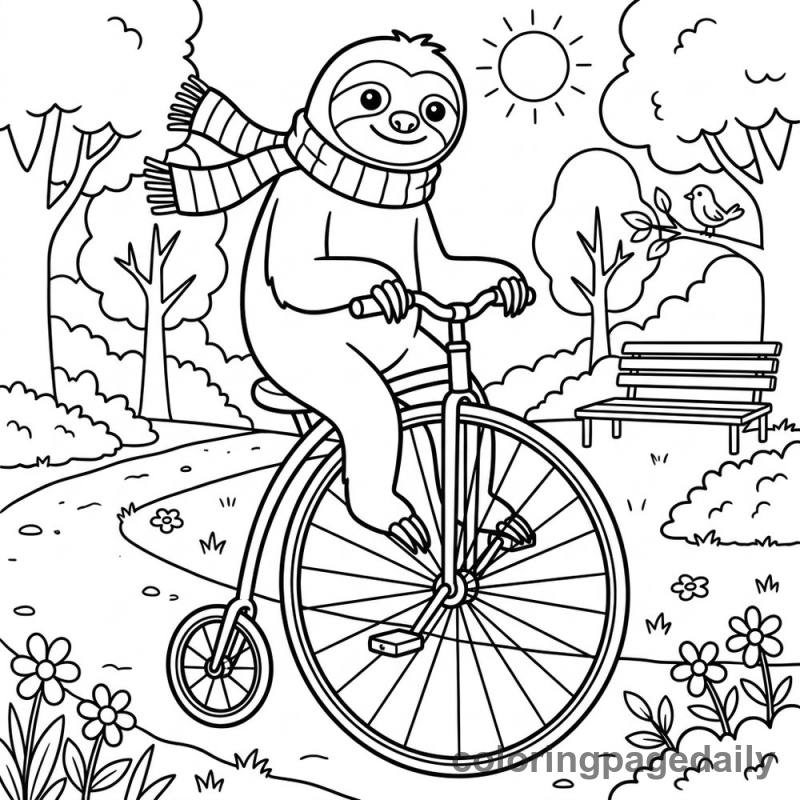 Sloth Riding Penny Farthing - Daily printable coloring page in Animals category