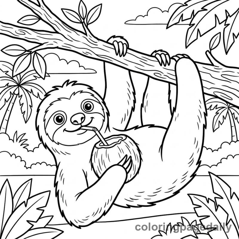 Sloth Sipping Coconut - Daily printable coloring page in Animals category