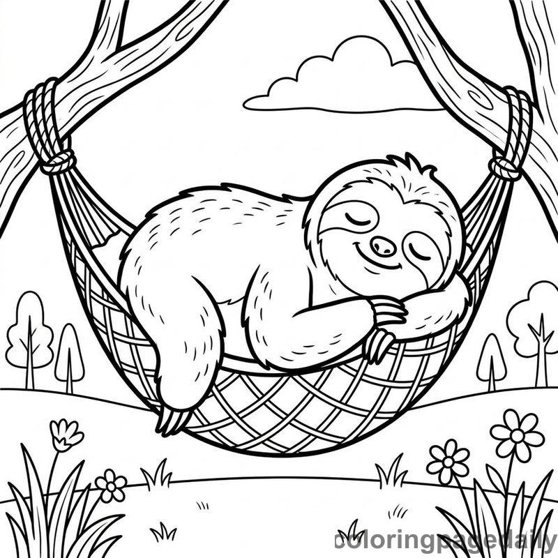 Sloth Sleeping Hammock - Daily printable coloring page in Animals category