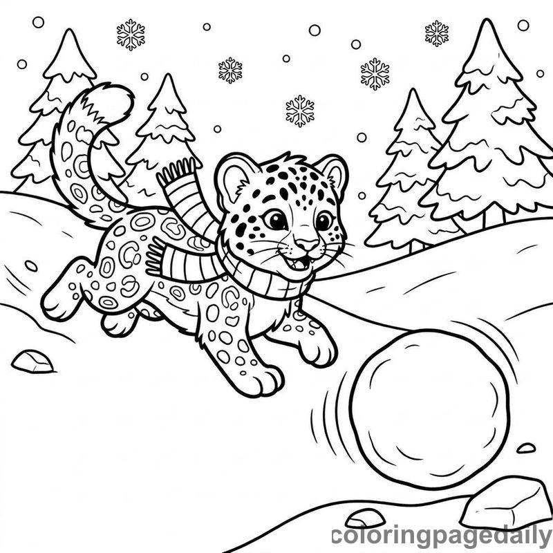Snow Leopard Chasing Snowball - Daily printable coloring page in Winter and Snow Season category
