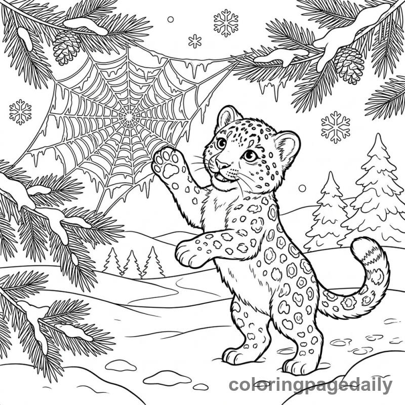 Snow Leopard Frozen Spiderweb - Daily printable coloring page in Winter and Snow Season category
