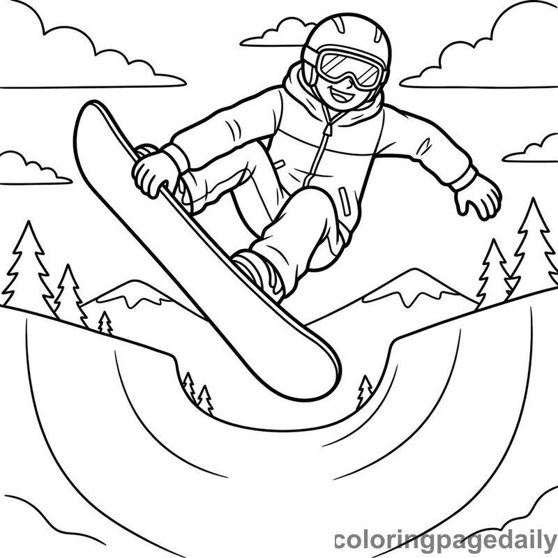 Snowboarder Grabbing Board Mid-Air - Daily printable coloring page in Sports category