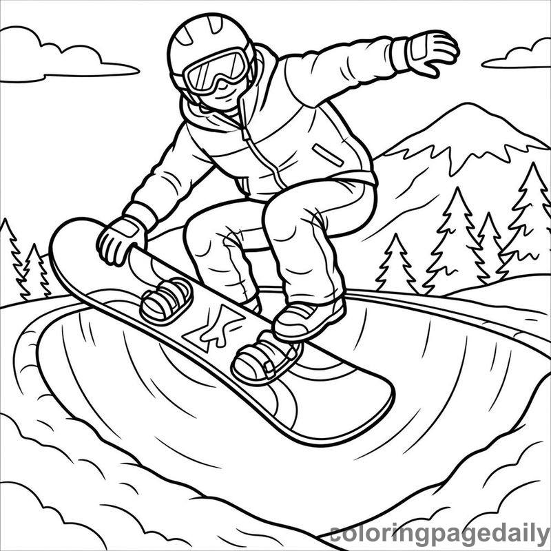 Snowboarder Halfpipe Grab Trick - Daily printable coloring page in Sports category