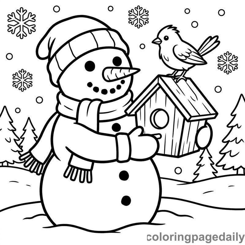 Snowman Holding Birdhouse - Daily printable coloring page in Christmas category