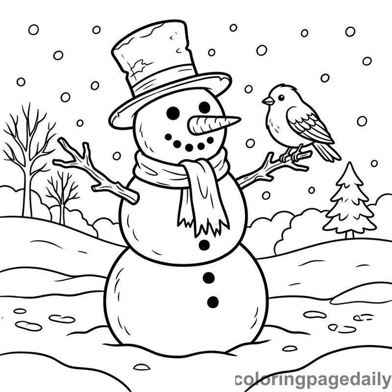 Snowman With A Resting Bird - Daily printable coloring page in Winter and Snow Season category