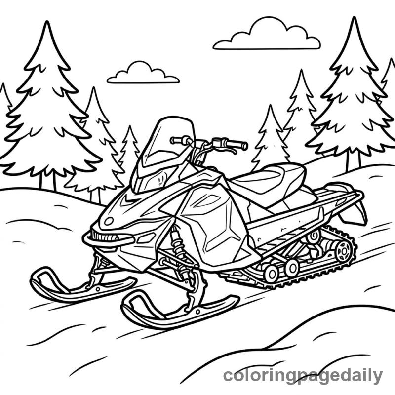 Snowmobile on Snowy Hill - Daily printable coloring page in Vehicle category