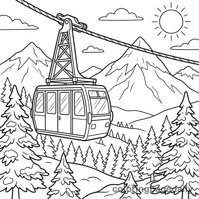 Snowy Cable Car - Daily printable coloring page in Winter and Snow Season category