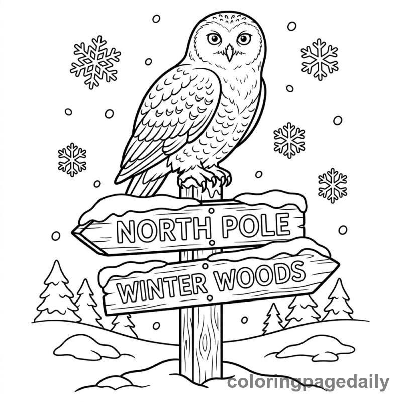 Snowy Owl On Signpost - Daily printable coloring page in Winter and Snow Season category