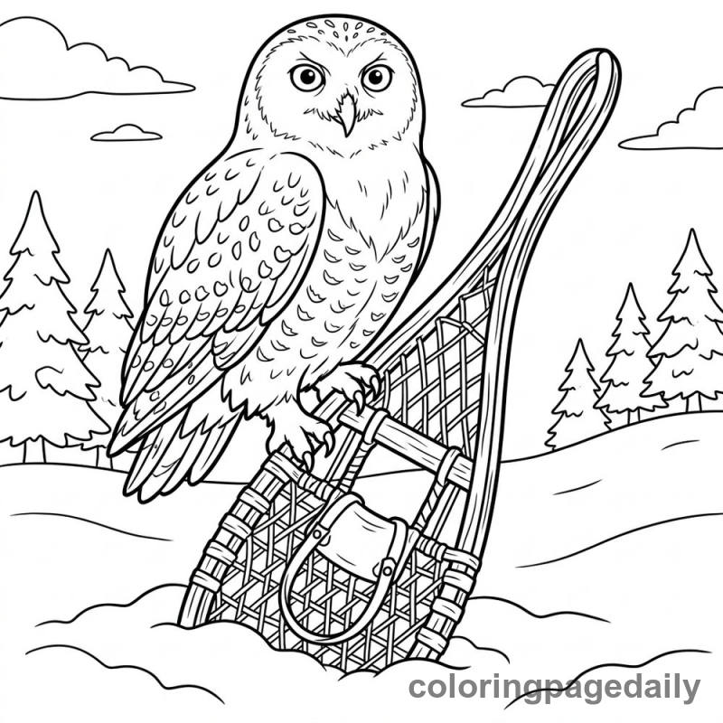 Snowy Owl On Snowshoe - Daily printable coloring page in Winter and Snow Season category