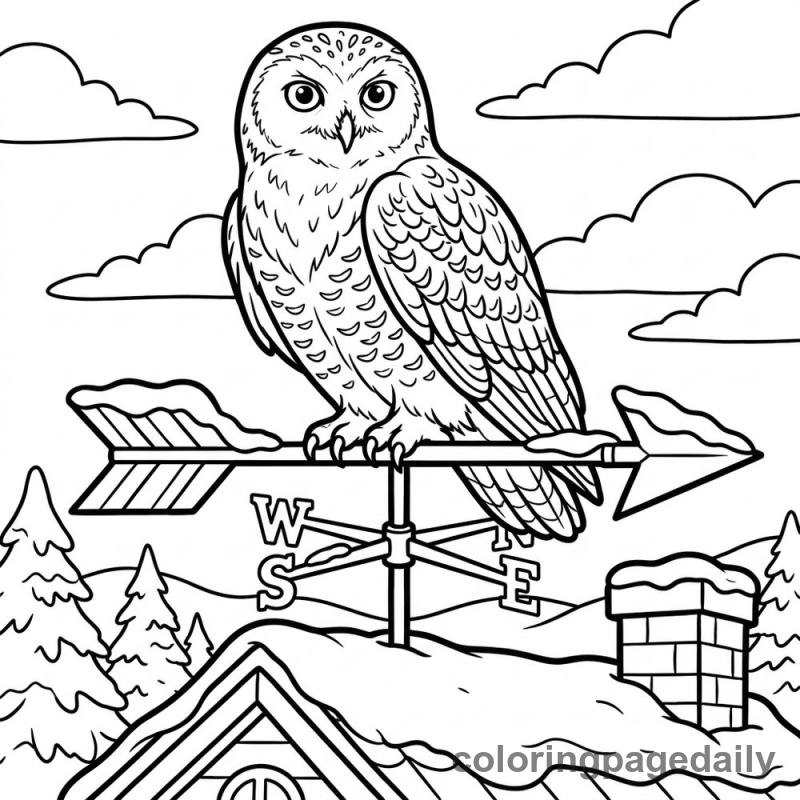 Snowy Owl On Weathervane - Daily printable coloring page in Winter and Snow Season category