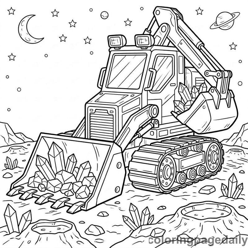 Space Bulldozer Mining Crystals - Daily printable coloring page in Space category