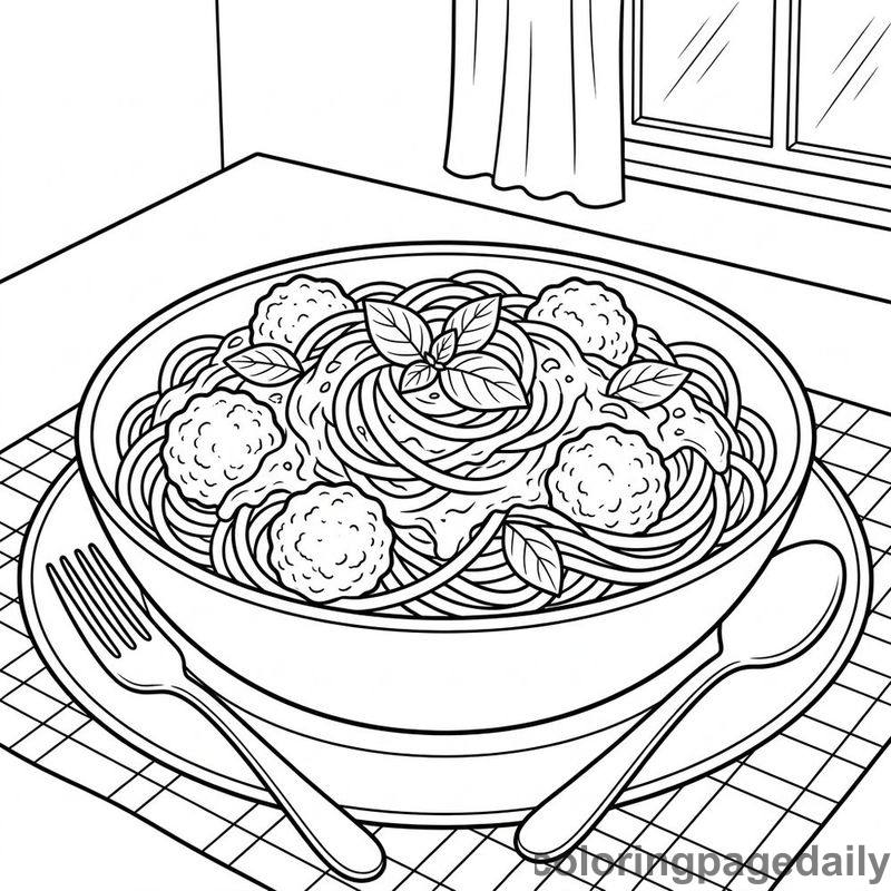 Spaghetti And Meatballs Bowl - Daily printable coloring page in Food category