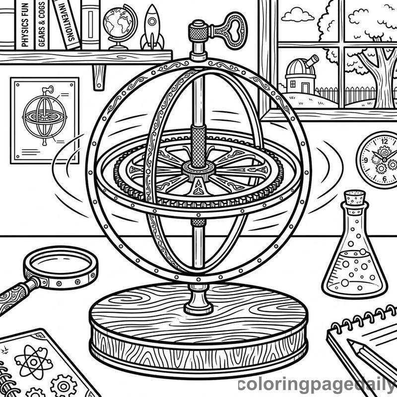 Spinning Brass Gyroscope Toy - Daily printable coloring page in Robots and STEM category