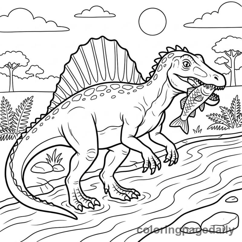 Spinosaurus Catching Fish - Daily printable coloring page in Dinosaur category