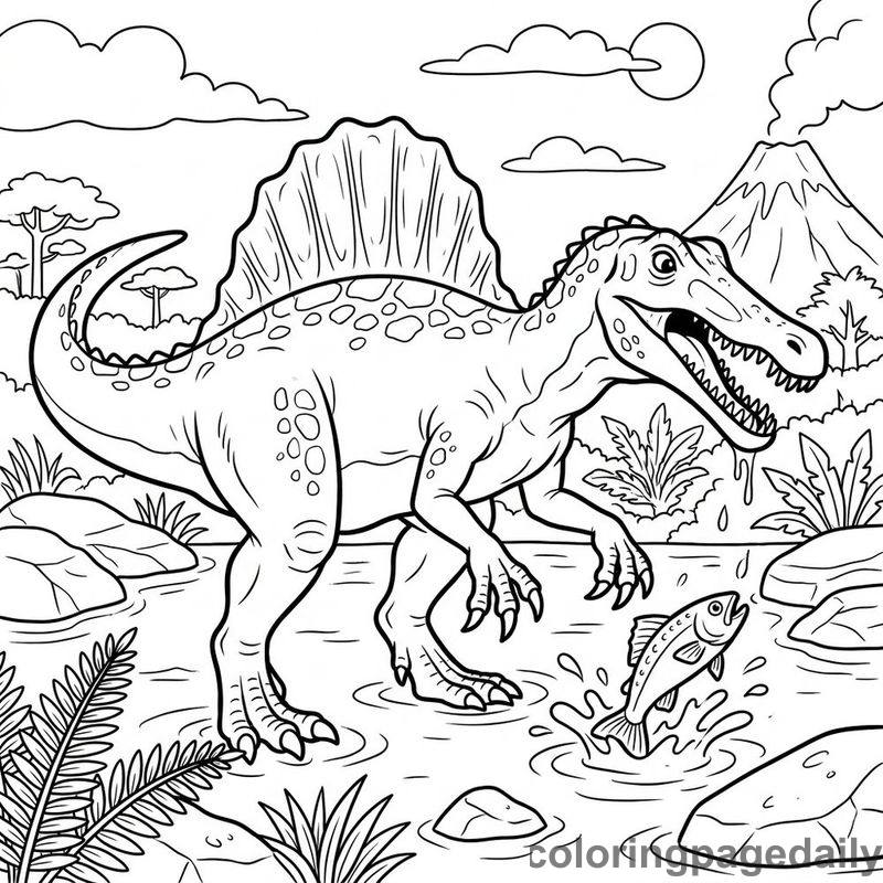 Spinosaurus Catching Fish - Daily printable coloring page in Dinosaur category