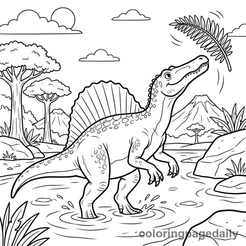 Spinosaurus Playing With Fern - Daily printable coloring page in Dinosaur category