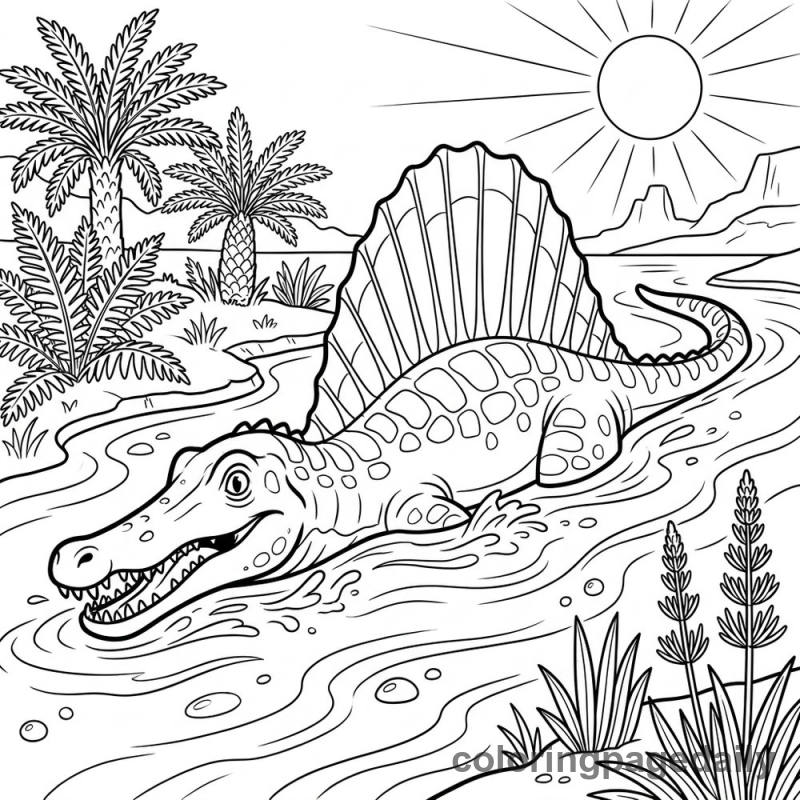 Spinosaurus River Swim - Daily printable coloring page in Dinosaur category