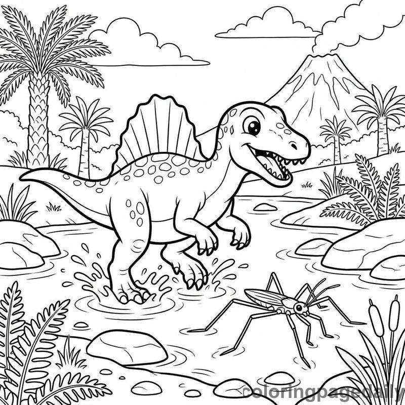 Spinosaurus Splashing River Puddle - Daily printable coloring page in Dinosaur category