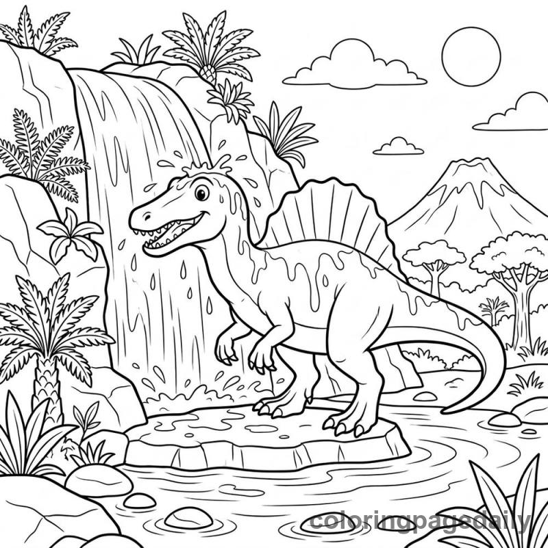 Spinosaurus Waterfall Shower - Daily printable coloring page in Dinosaur category