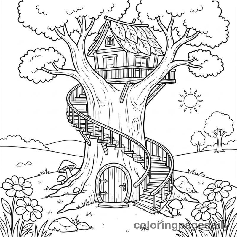 The Secret Home in the Spiral Tree - story illustration coloring page