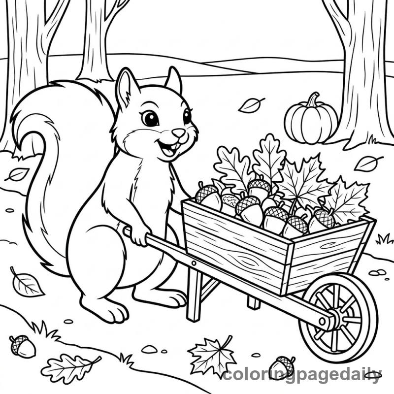 Squirrel Harvest Wheelbarrow - Daily printable coloring page in Thanksgiving category
