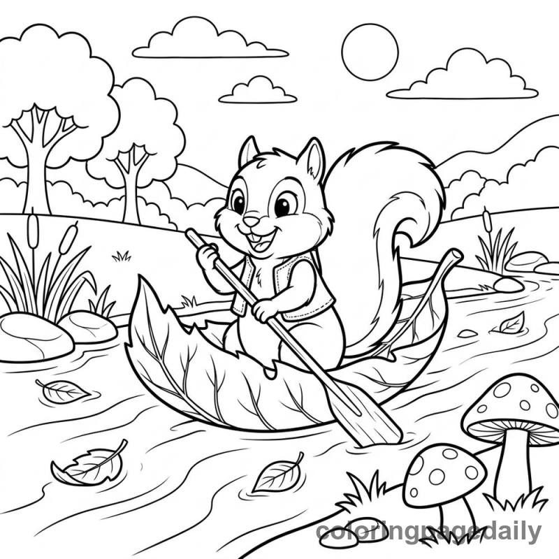 Squirrel's Autumn Leaf Boat - Daily printable coloring page in Scenery category