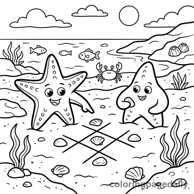 Starfish Playing Tic-Tac-Toe - Daily printable coloring page in Ocean and Underwater Life category