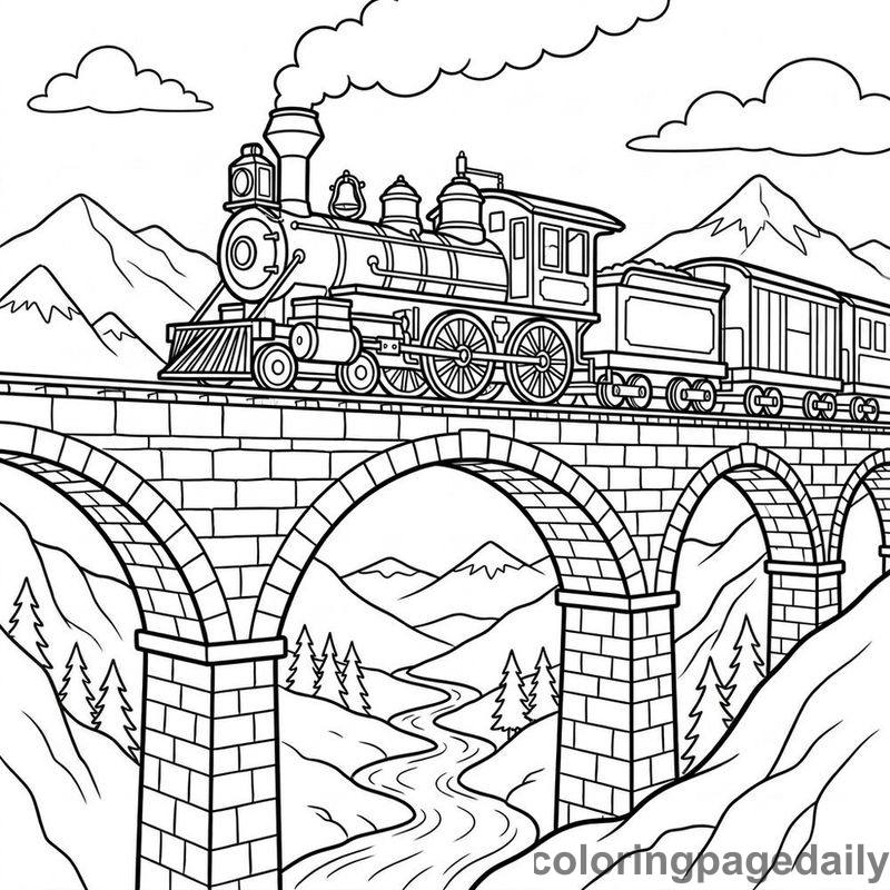 Steam Locomotive Crossing Viaduct - Daily printable coloring page in Vehicle category