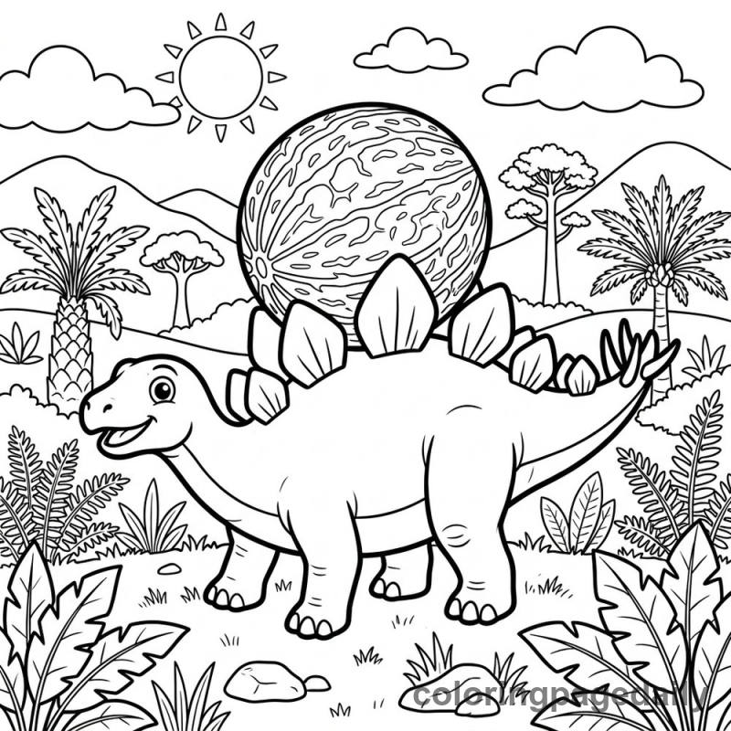 Stegosaurus Balancing Prehistoric Melon - Daily printable coloring page in Dinosaur category