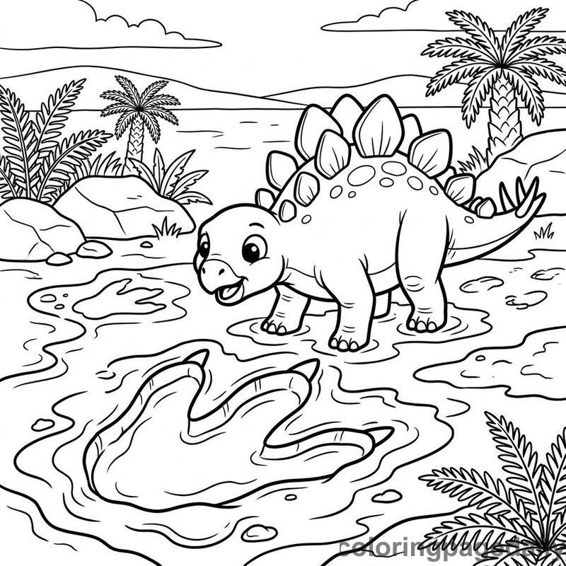 Stegosaurus Investigating Giant Footprint - Daily printable coloring page in Dinosaur category