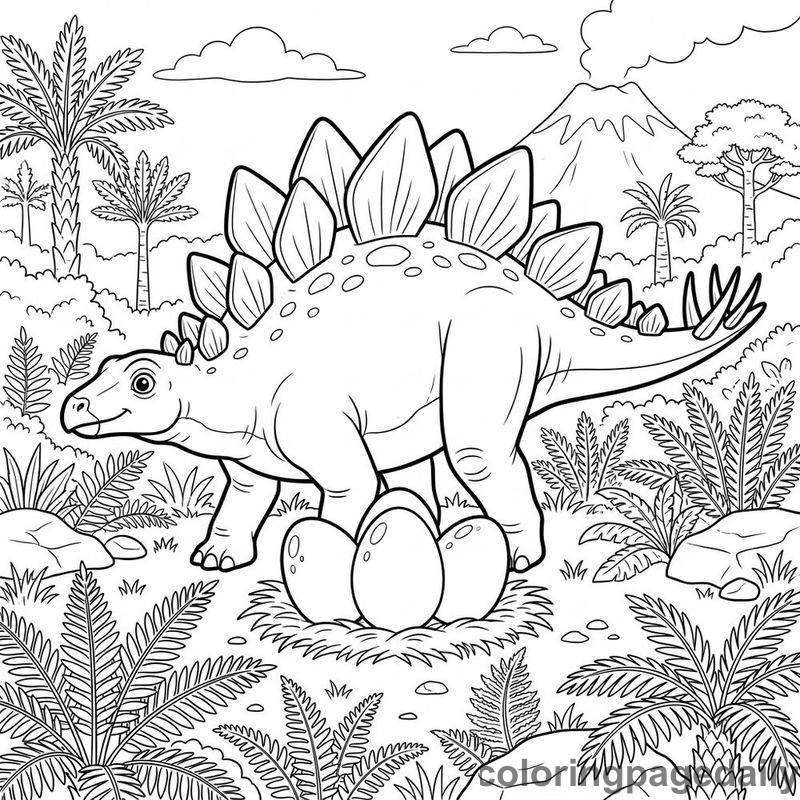 Stegosaurus Guarding Dinosaur Eggs - Colored reference example