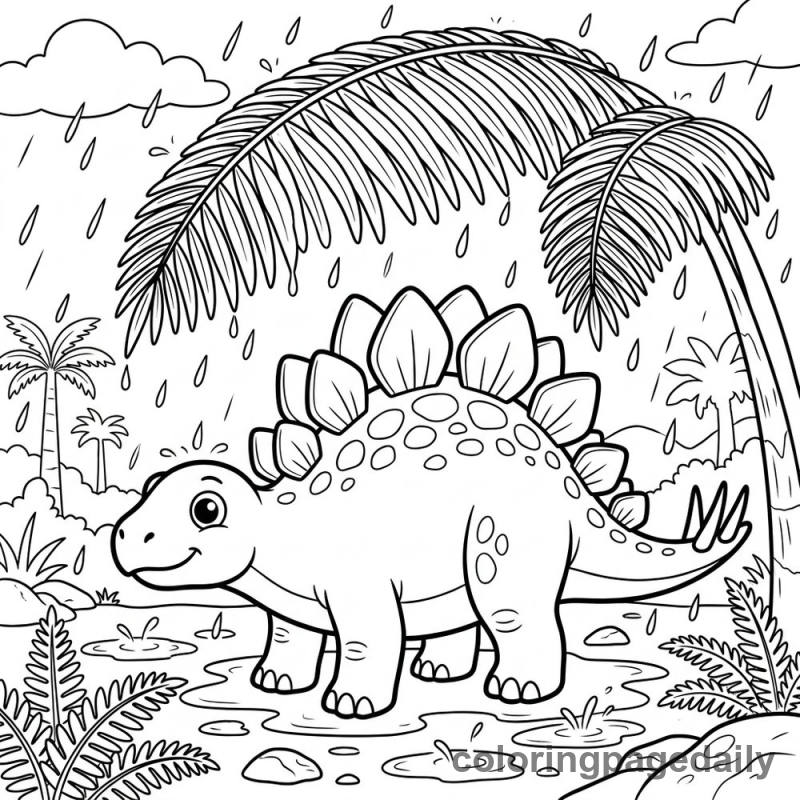 Stegosaurus in Rain - Daily printable coloring page in Dinosaur category