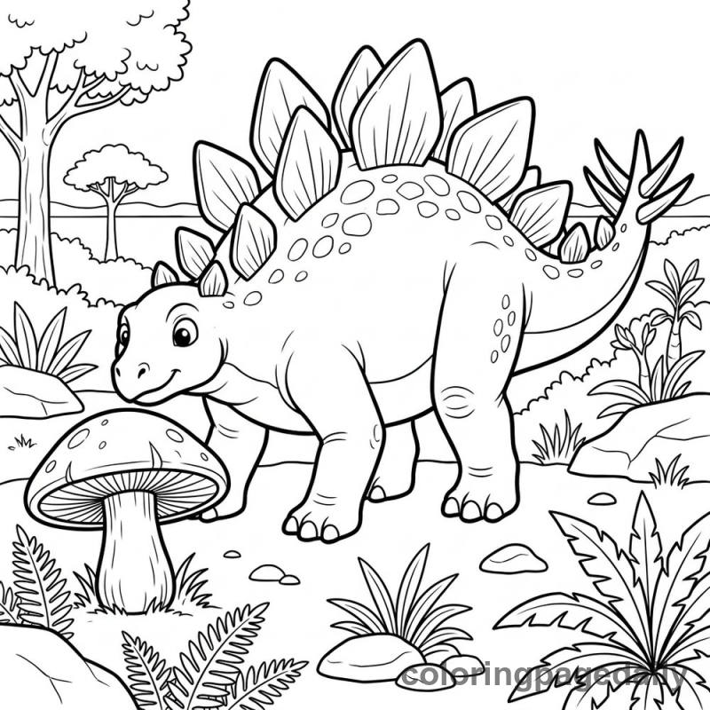 Stegosaurus Inspecting Mushroom - Colored reference example